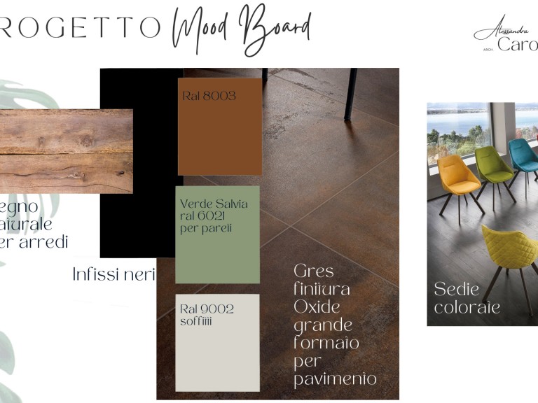 Moodboard con scelta dei materiali e degli arredi